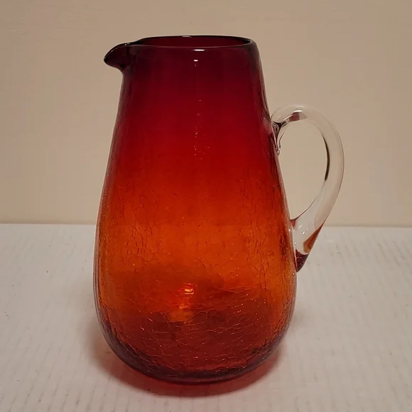 Vintage Hand Blown Ruby Red Crackled Glass Pitcher - Picture 1 of 16